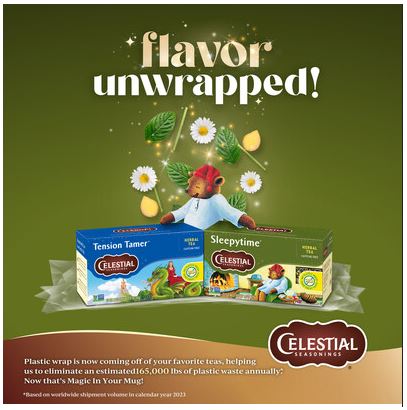 Celestial Seasonings will no longer include plastic overwrap on the boxes of more than 130 teas, a move estimated to eliminate up to 165,000 pounds of plastic waste from landfills in 2024 alone.